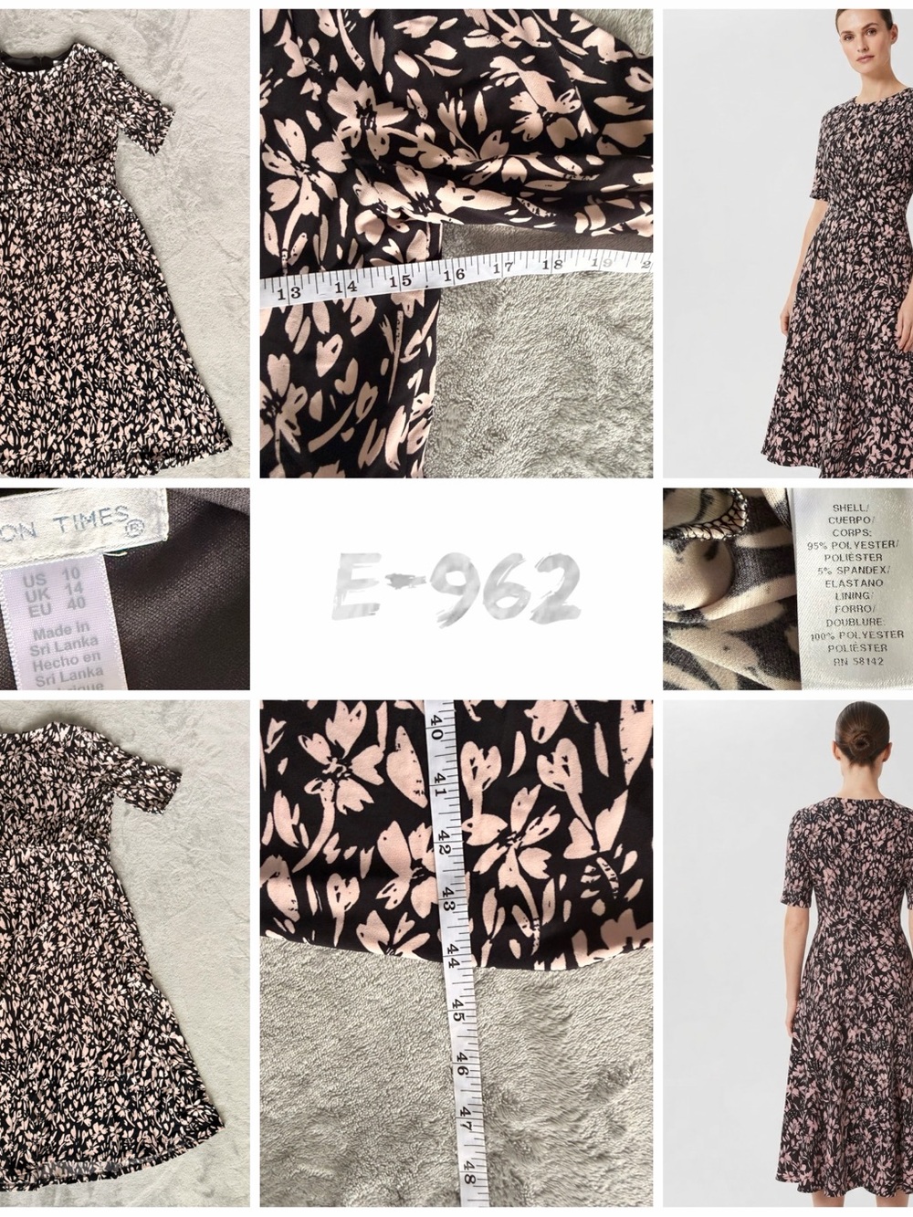 London Times 10 Black Pink Floral Midi Dress Short Sleeve Formal - Picture 9 of 9